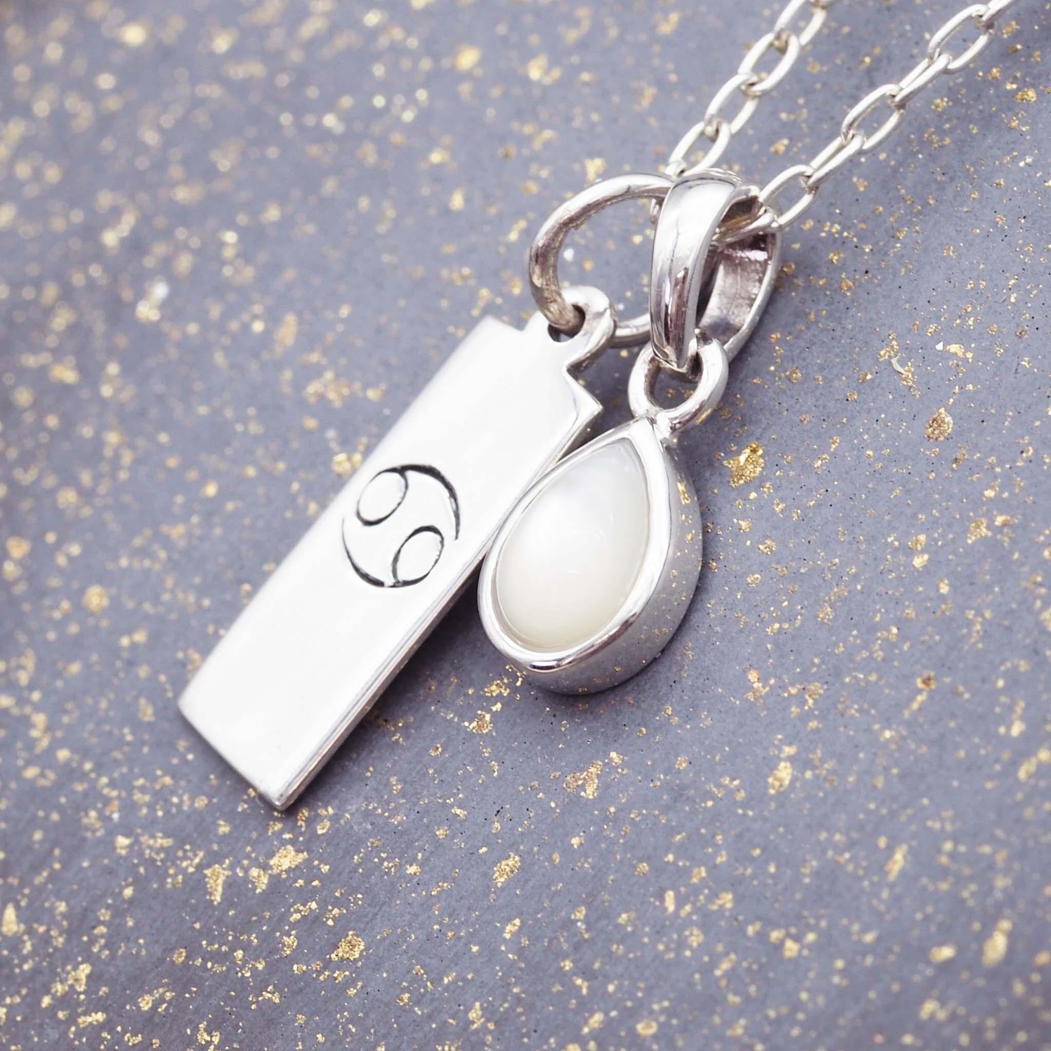 Silver Zodiac Cancer and june Birthstone pearl Necklace by indie and harper Australia 