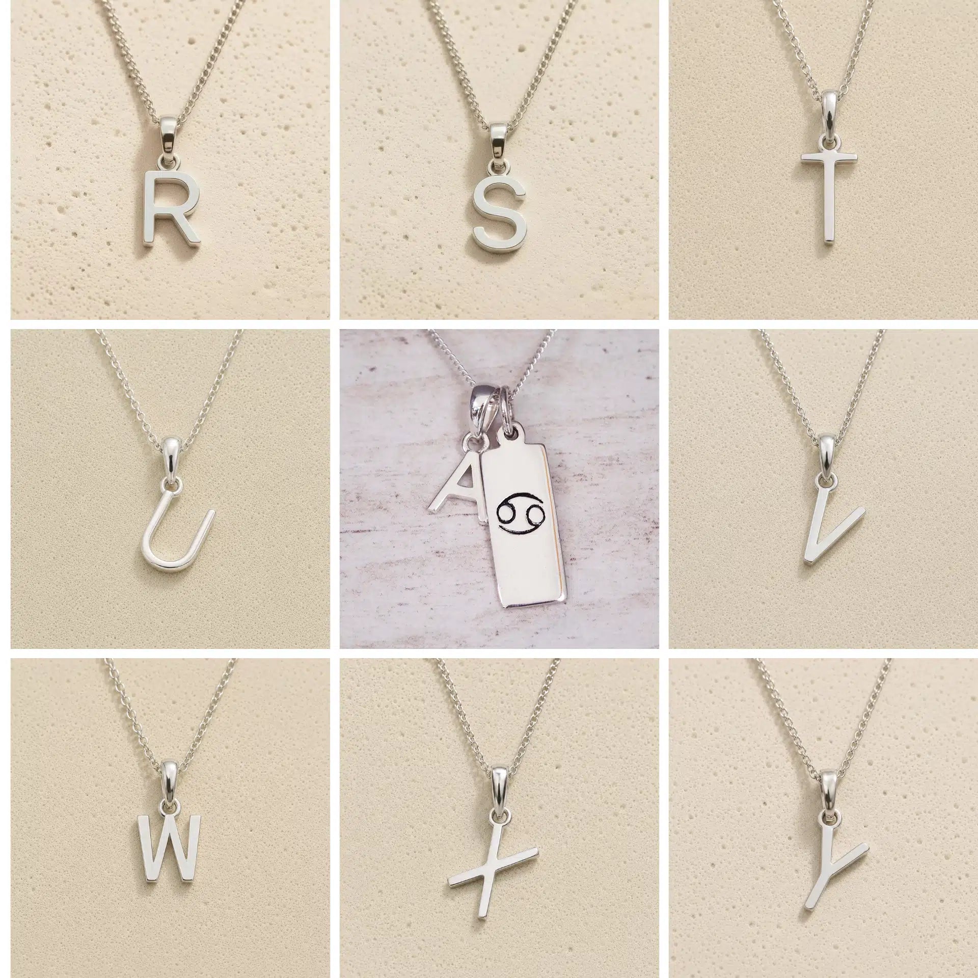 Silver letter pendants from R to Y on a beige background as personalised letter options for the Cancer Zodiac Necklace