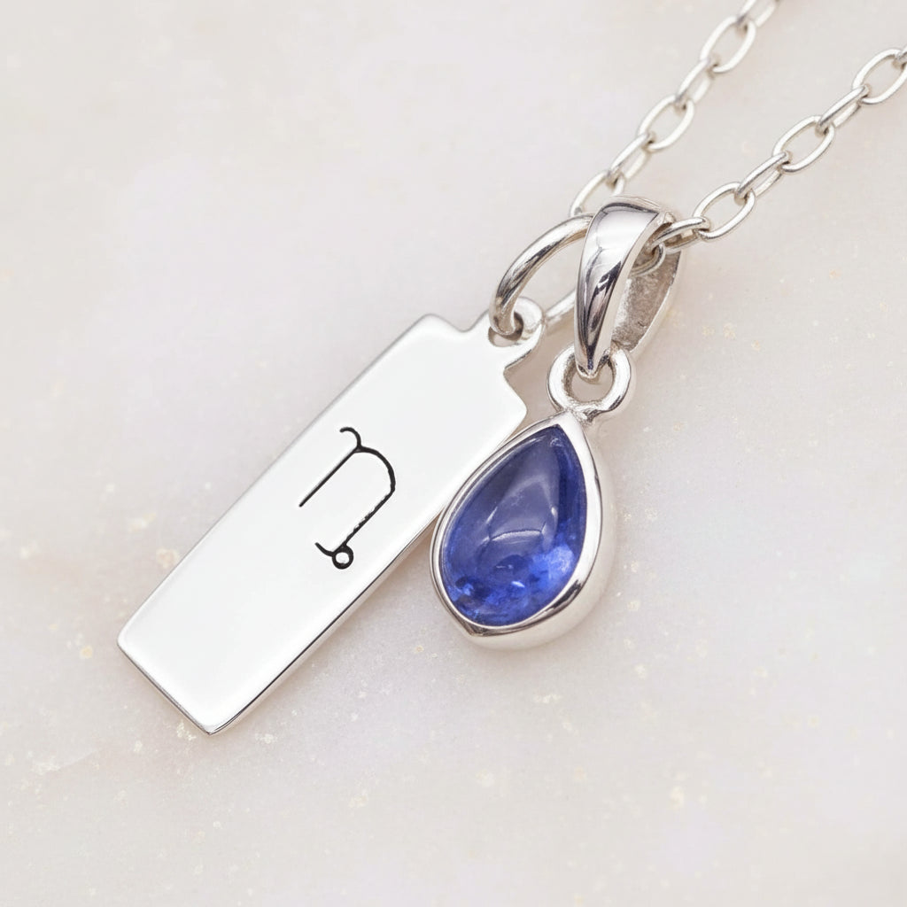 Silver necklace with a teardrop-shaped blue tanzanite gemstone pendant and a silver capricorn zodiac pendant on a textured gray background.