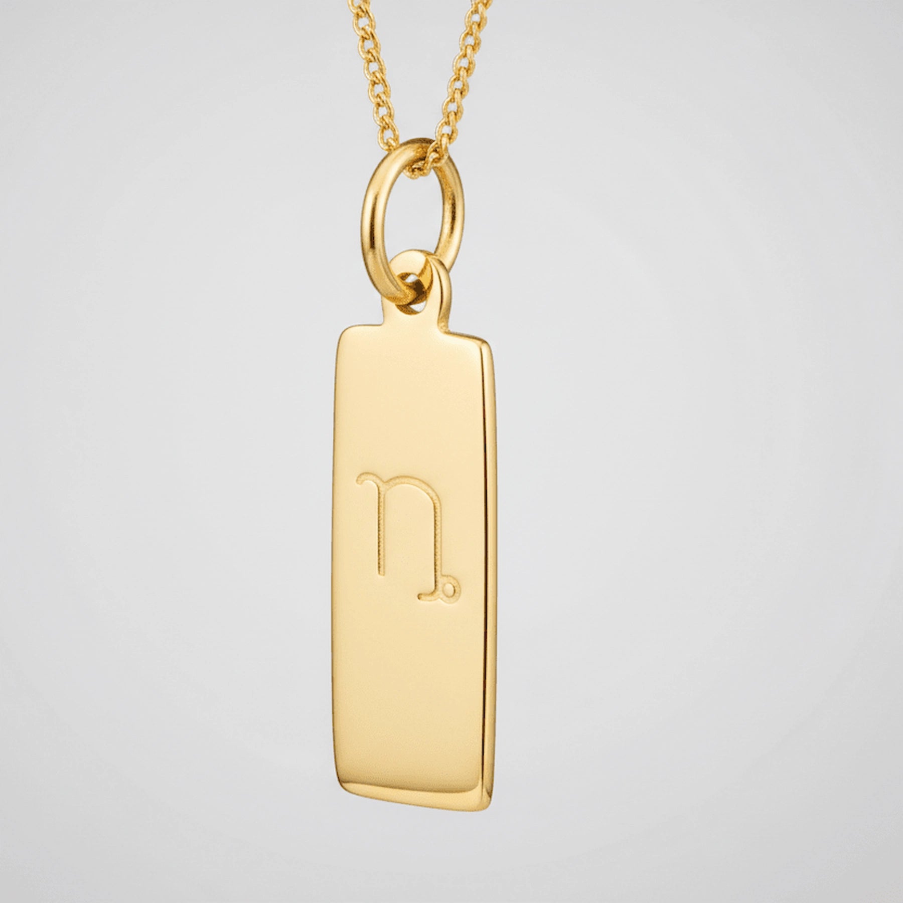 Capricorn zodiac necklace in 9k gold plated sterling silver against a white background 
