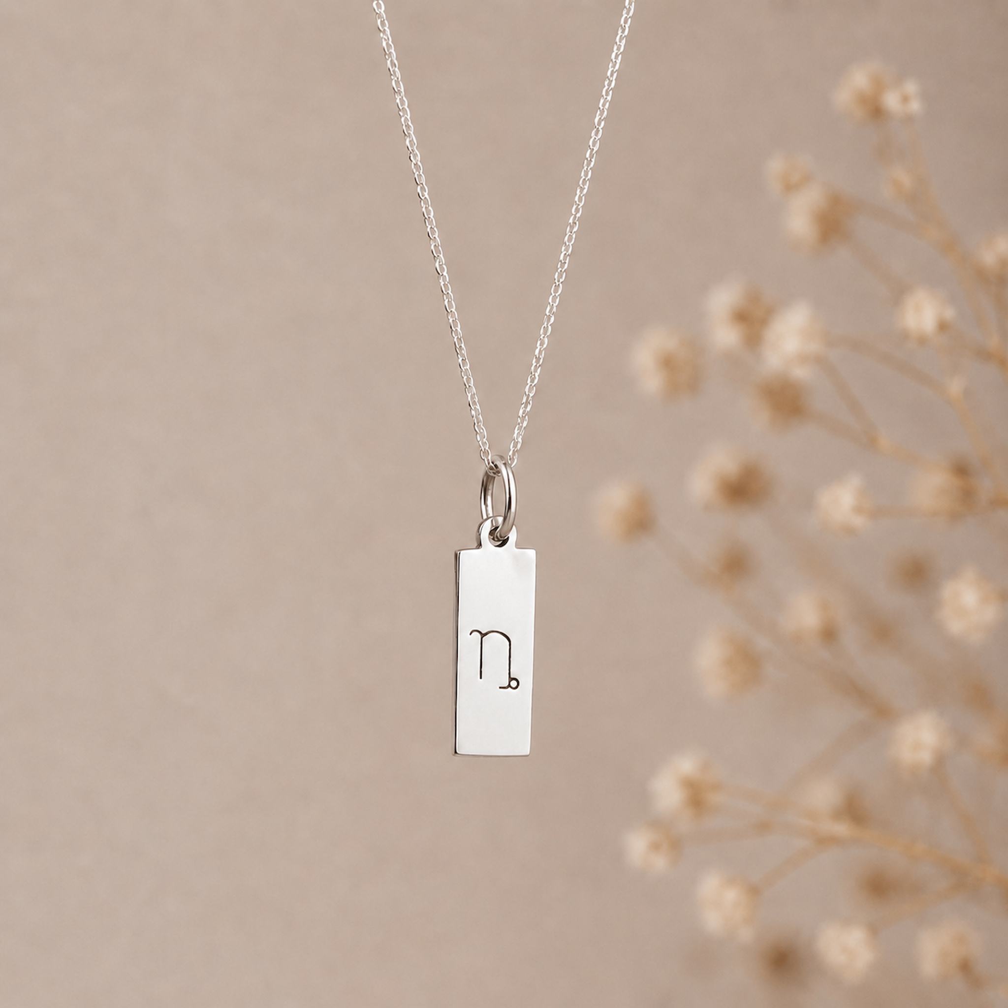 capricorn zodiac necklace - A silver rectangular pendant necklace engraved with a minimalist capricorn star sign line glyph symbol, hanging from a delicate silver chain against a warm beige background
