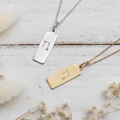 Two necklaces with engraved capricorn zodiac symbols on rectangular pendants on a light wooden surface with dried flowers.