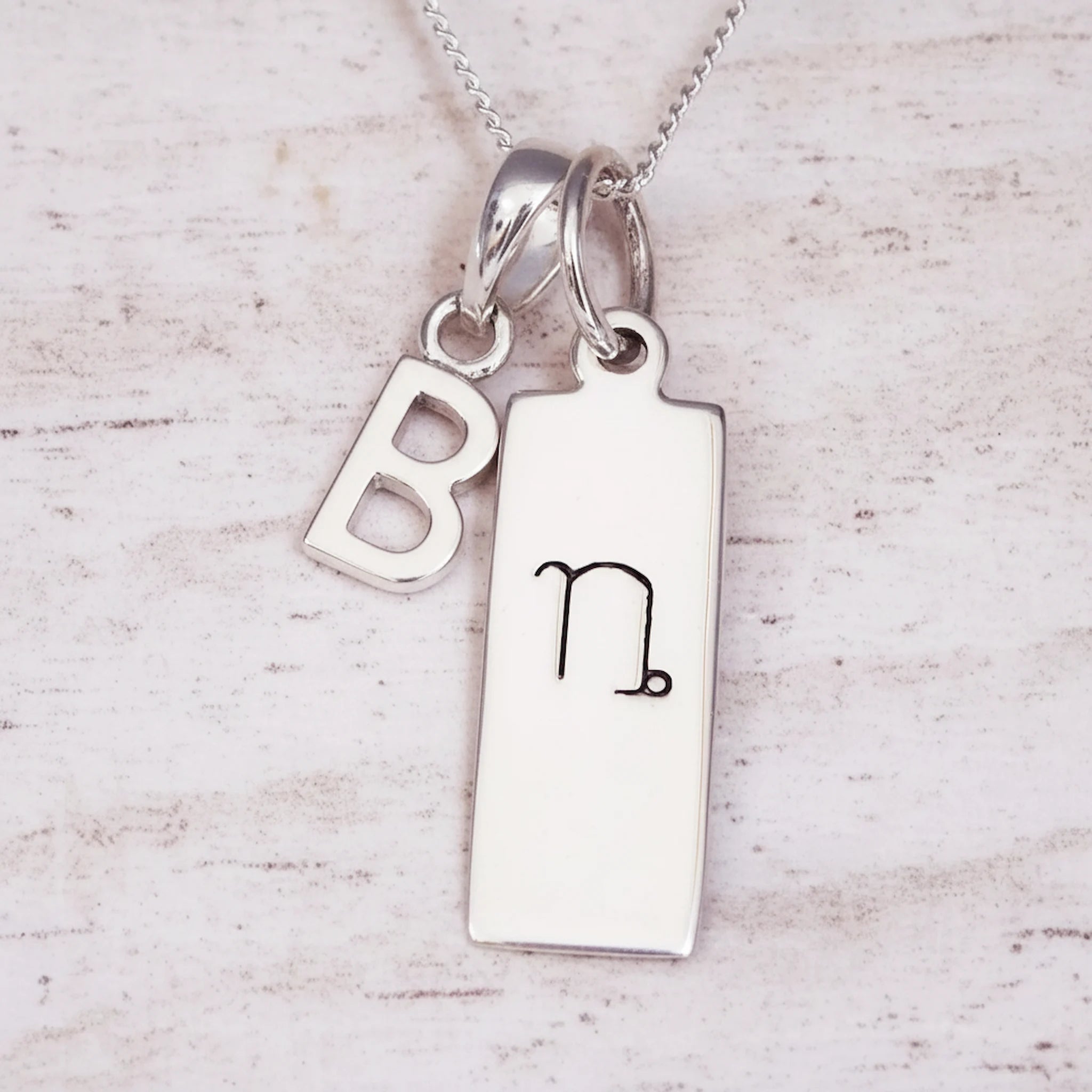 sterling silver necklace with a 'B' initial pendant and a capricorn zodiac pendant on a light wood background