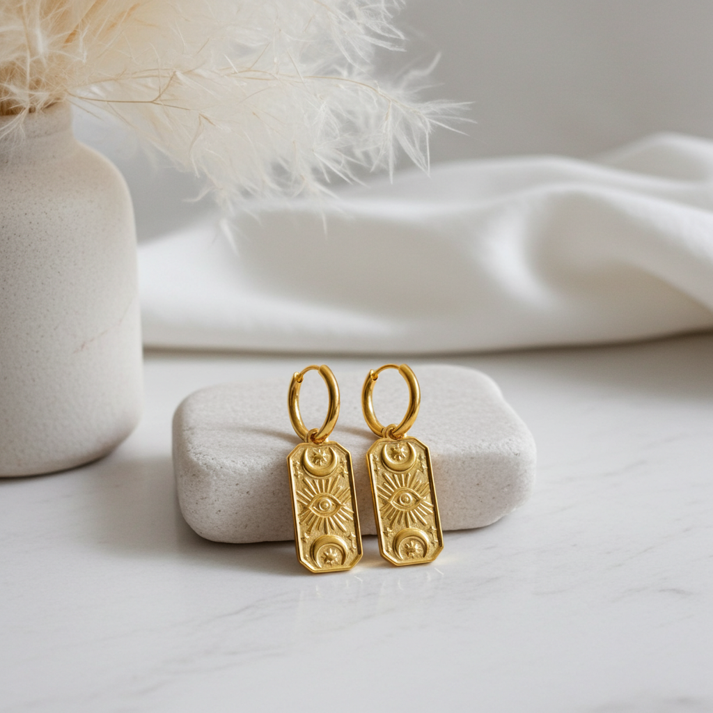 Celestial Gold hoop earrings on a white stone with a soft background