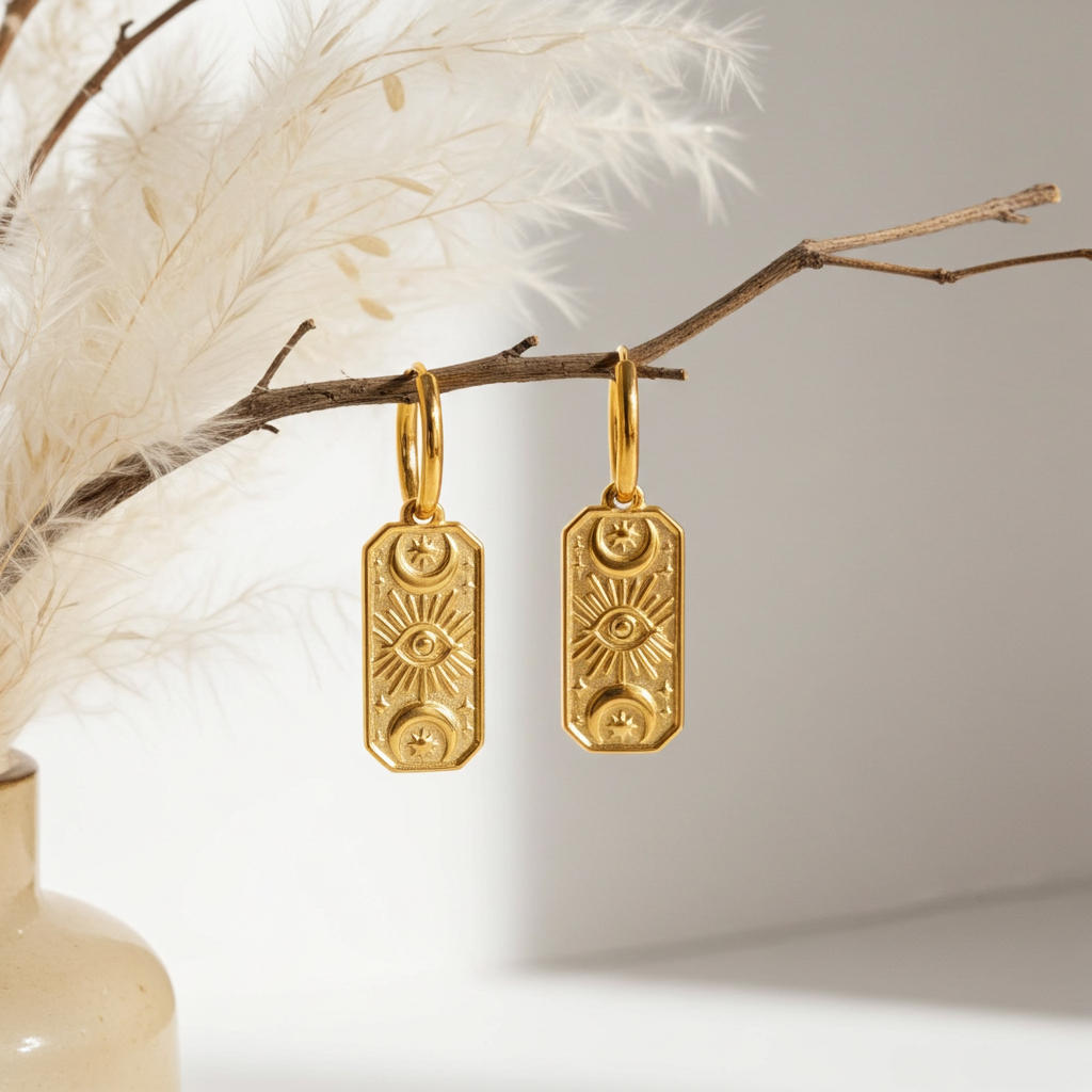 Celestial Gold hoop earrings hanging from a branch with a neutral background