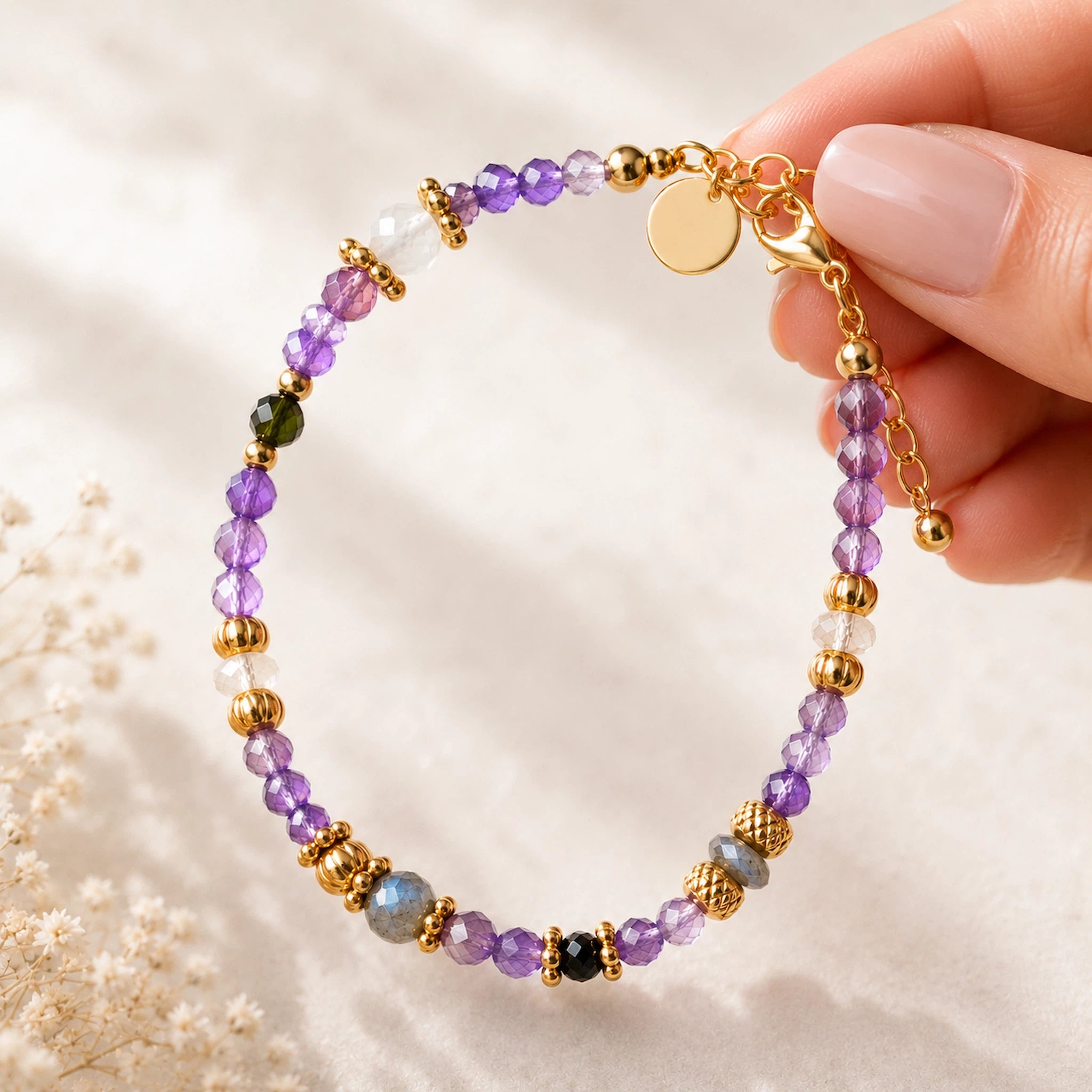 A delicate beaded bracelet with amethyst, citrine, aventurine, moonstone and labradorite faceted beads, accented by gold spacer beads and a gold clasp, held by a hand against a soft beige background.
