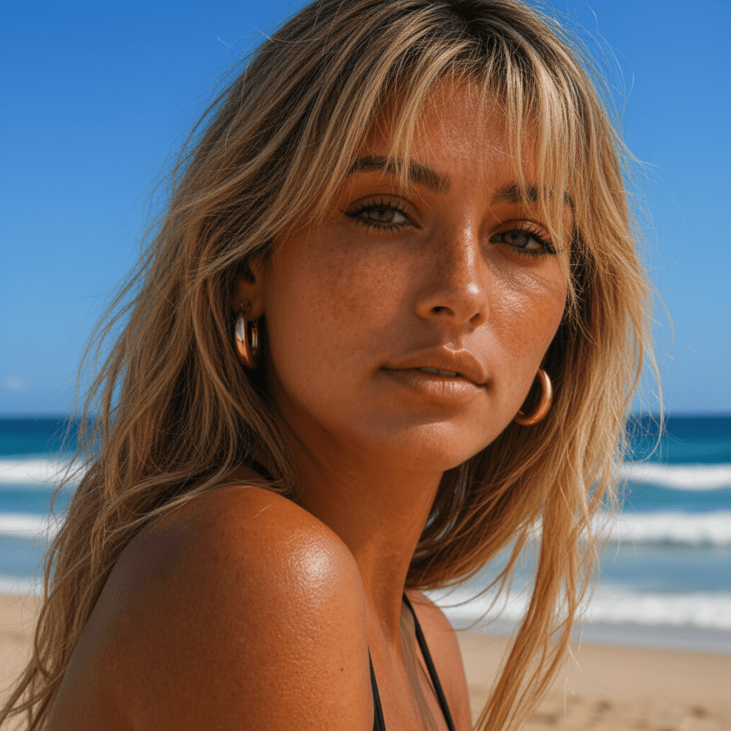 blonde woman on the beach wearing stainless steel chunky gold waterproof hoop earrings
