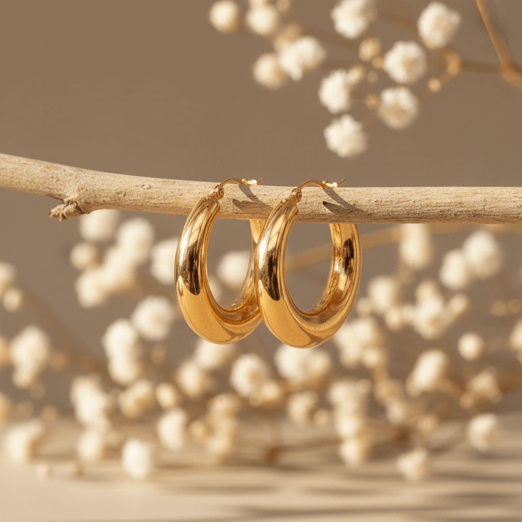 Chunky stainless steel Gold waterproof hoop earrings on a branch with blurred white flowers in the background