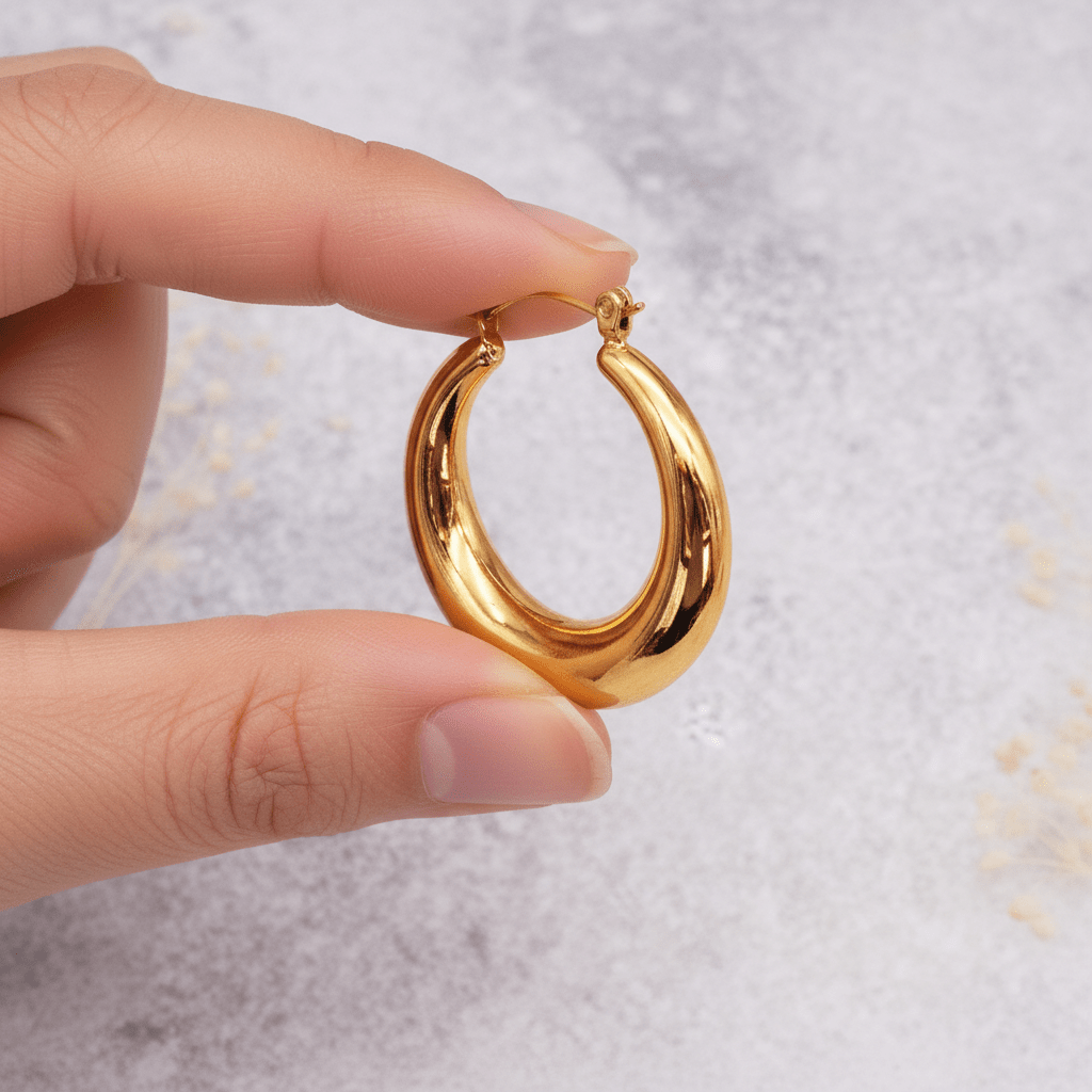 fingers holding a stainless steel chunky gold waterproof hoop earring