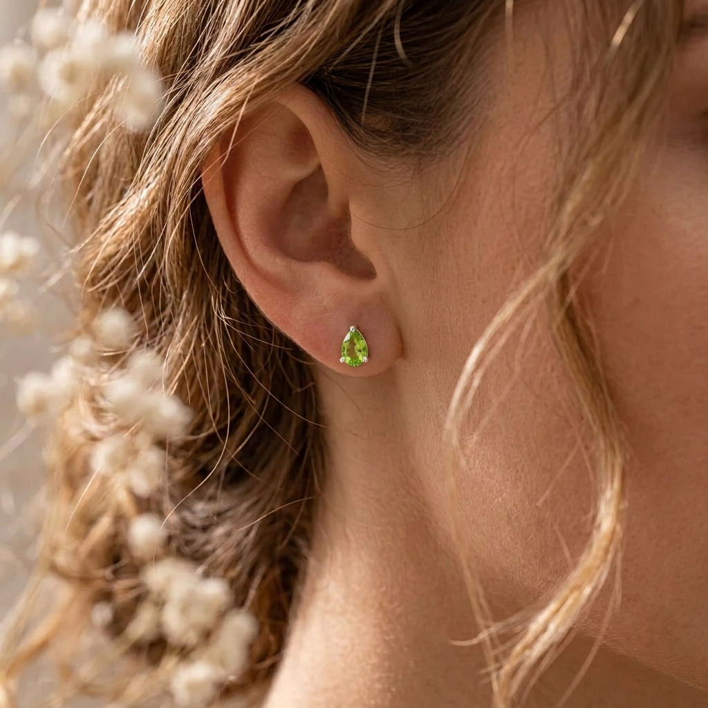 Woman wearing peridot stud earrings in sterling silver, close-up of a pear-shaped stud on the ear