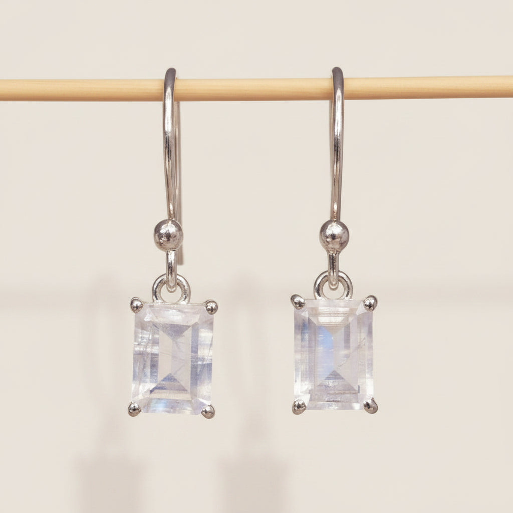 Sterling silver classic french hook earrings with emerald-cut natural moonstones