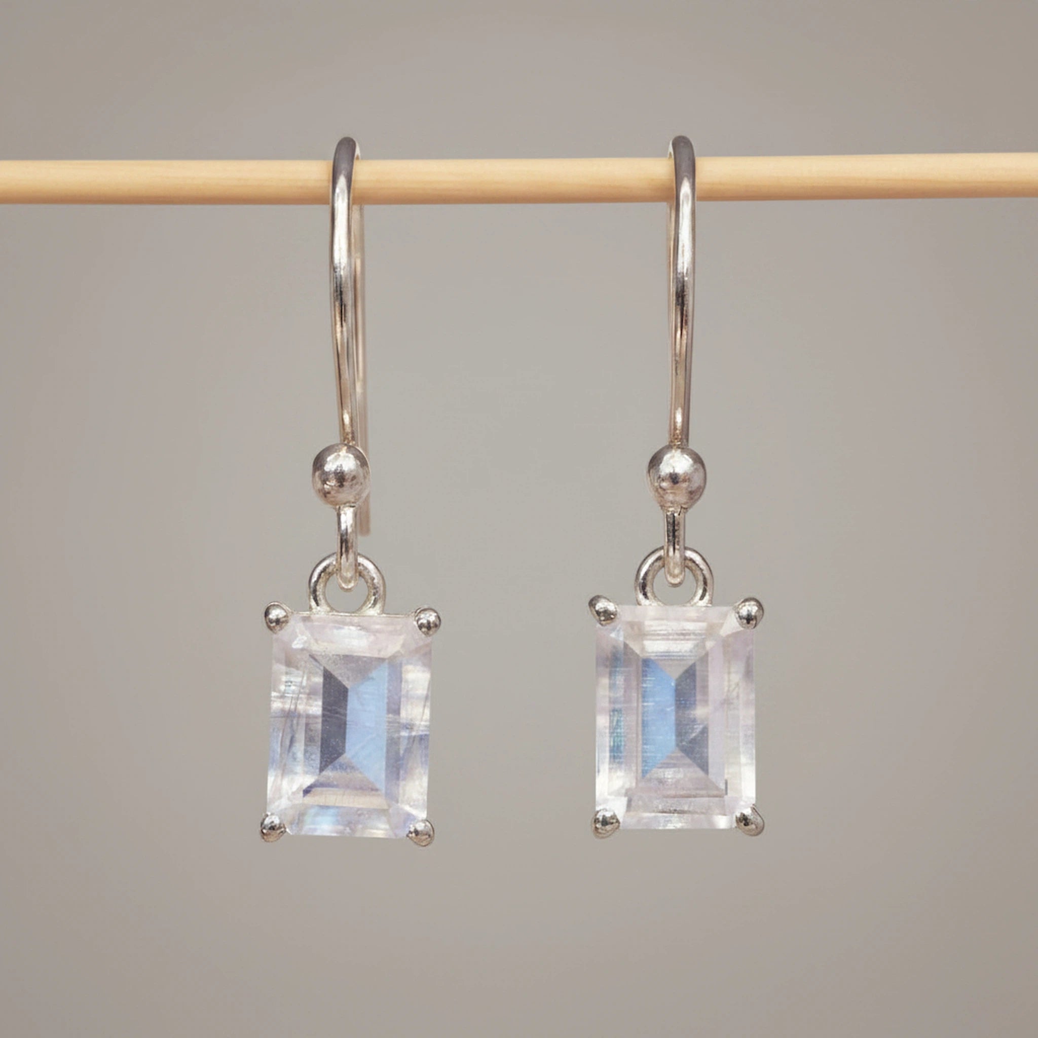 Sterling silver classic french hook earrings with emerald-cut natural moonstones