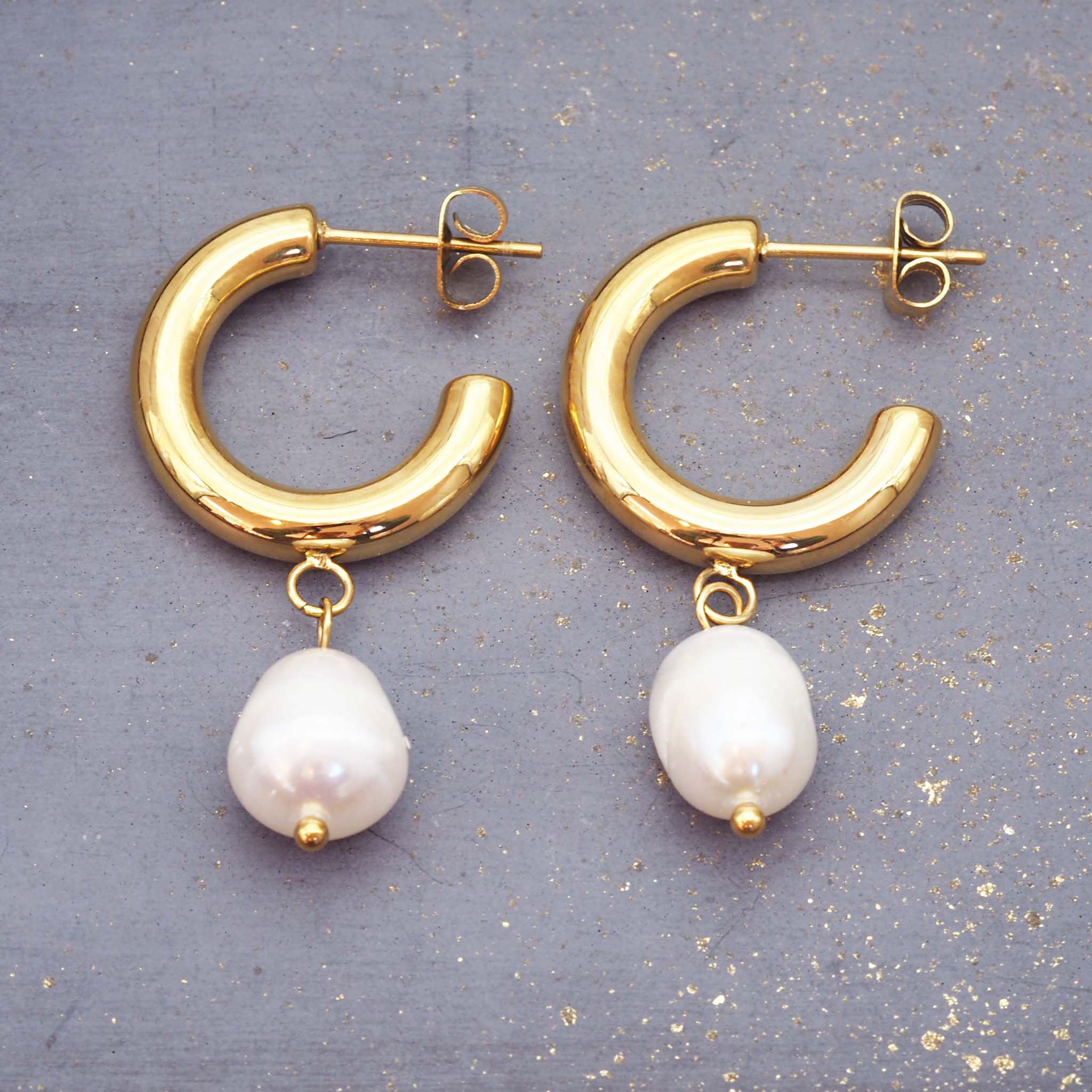 classic statement pearl earrings - made with stainless steel and gold plating - waterproof jewellery online by indie and harper