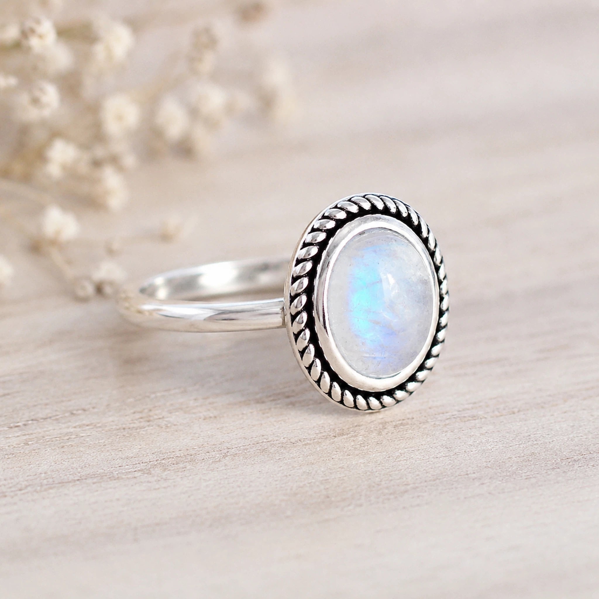 sterling silver bezel-set, cabochon Oval Natural Moonstone Ring 