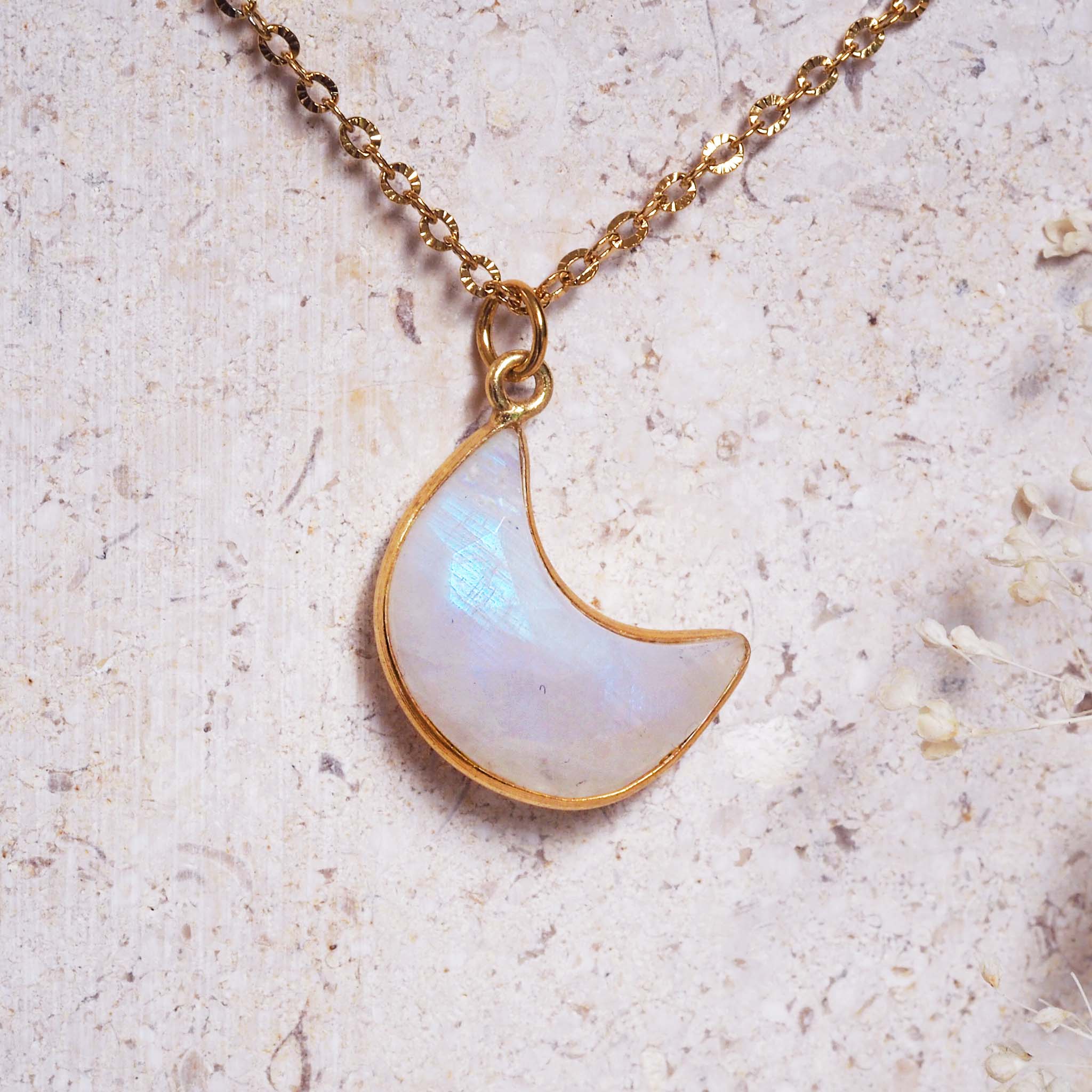 gold plated chain with a crescent moon shaped natural Moonstone pendant 