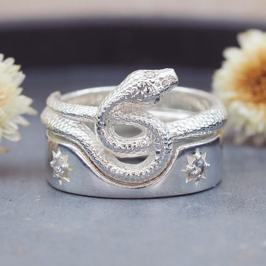 Cubic Zirconia Serpent Ring Set - womens jewellery by indie and harper