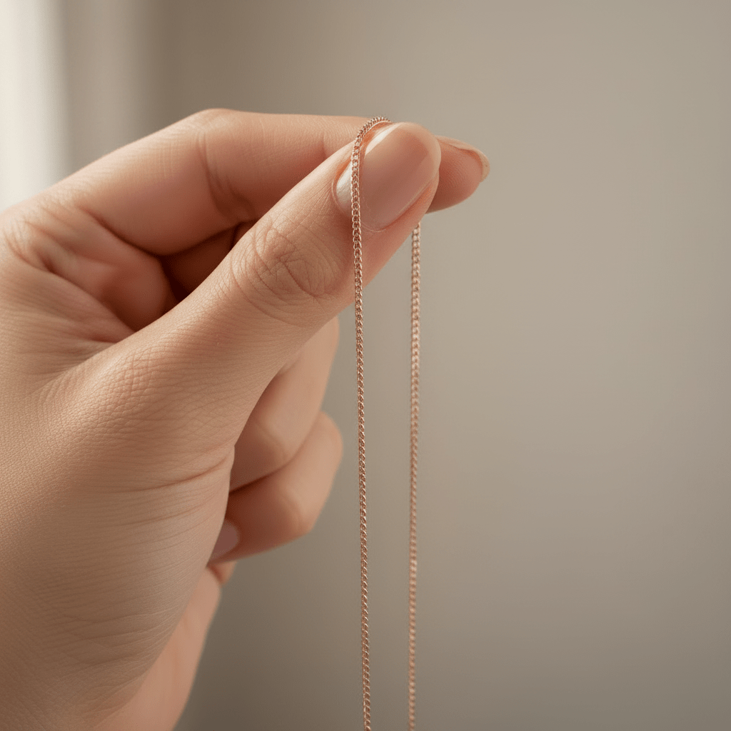 Hand holding a delicate rose gold chain against a neutral background
