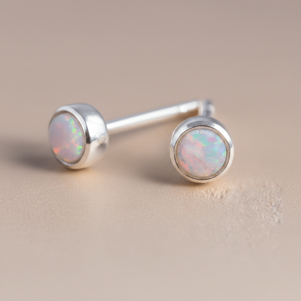 Opal stud earrings with silver setting on a beige background