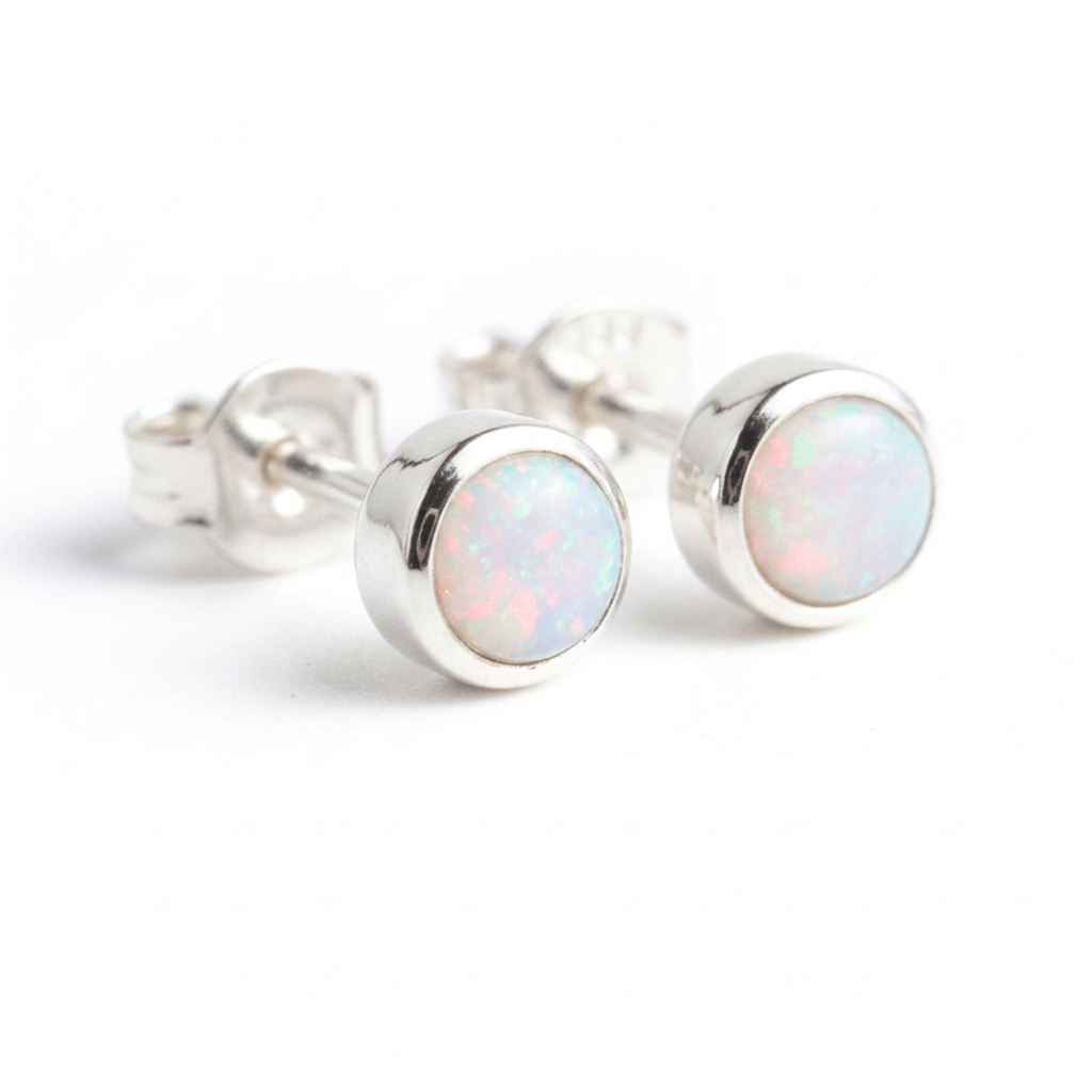 Pair of sterling silver Australian opal stud earrings on white