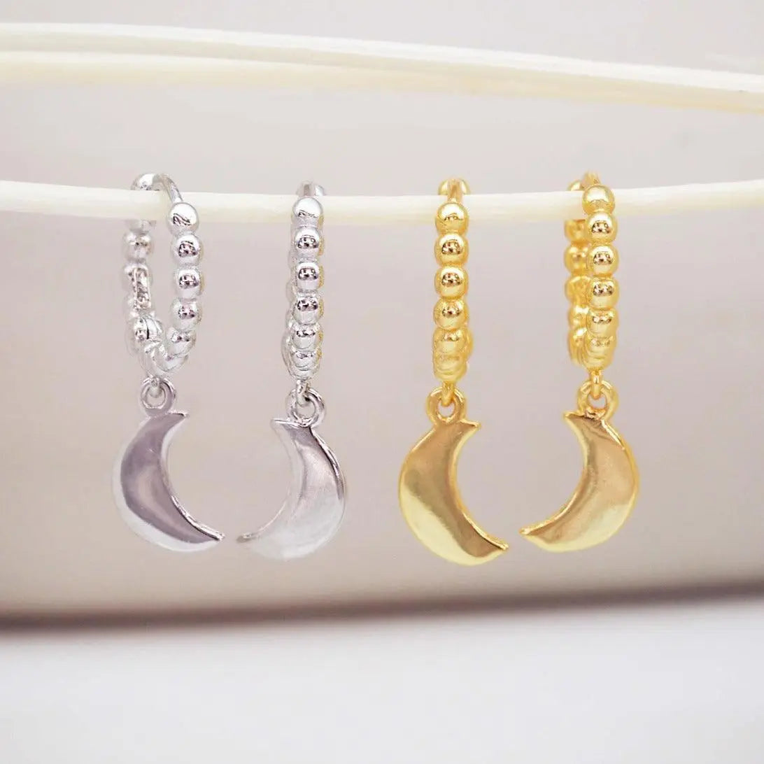 Dainty Crescent Moon Hoop Earrings in silver and gold by Australian jewellery brand indie and harper