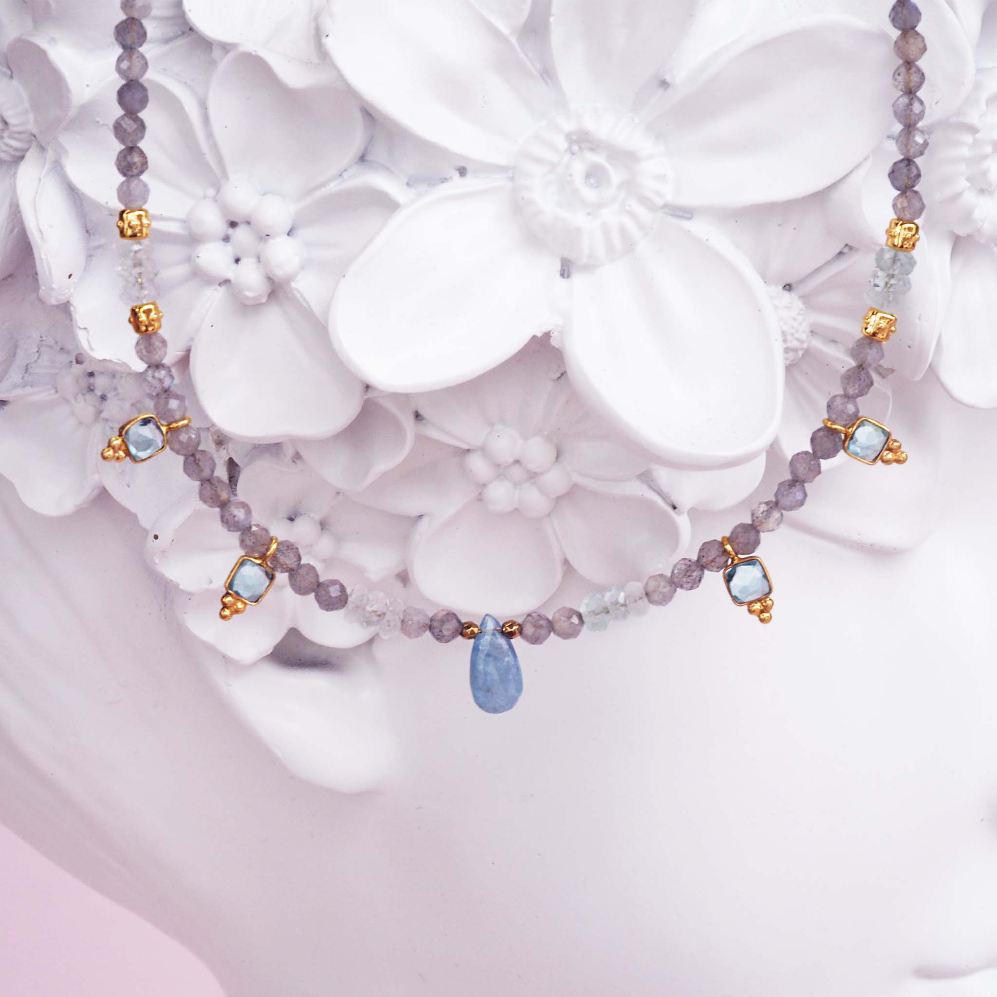 Dainty aquamarine, apatite, morganite and labradorite necklace by indie and harper Australia 
