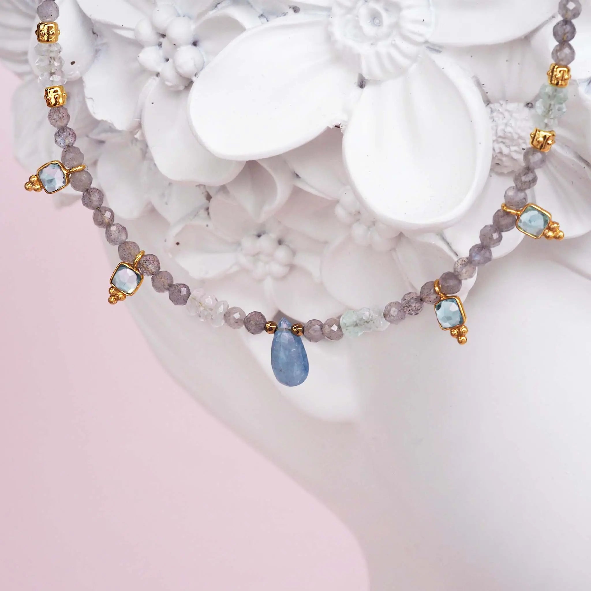 Dainty aquamarine, apatite, morganite and labradorite necklace by indie and harper Australia 