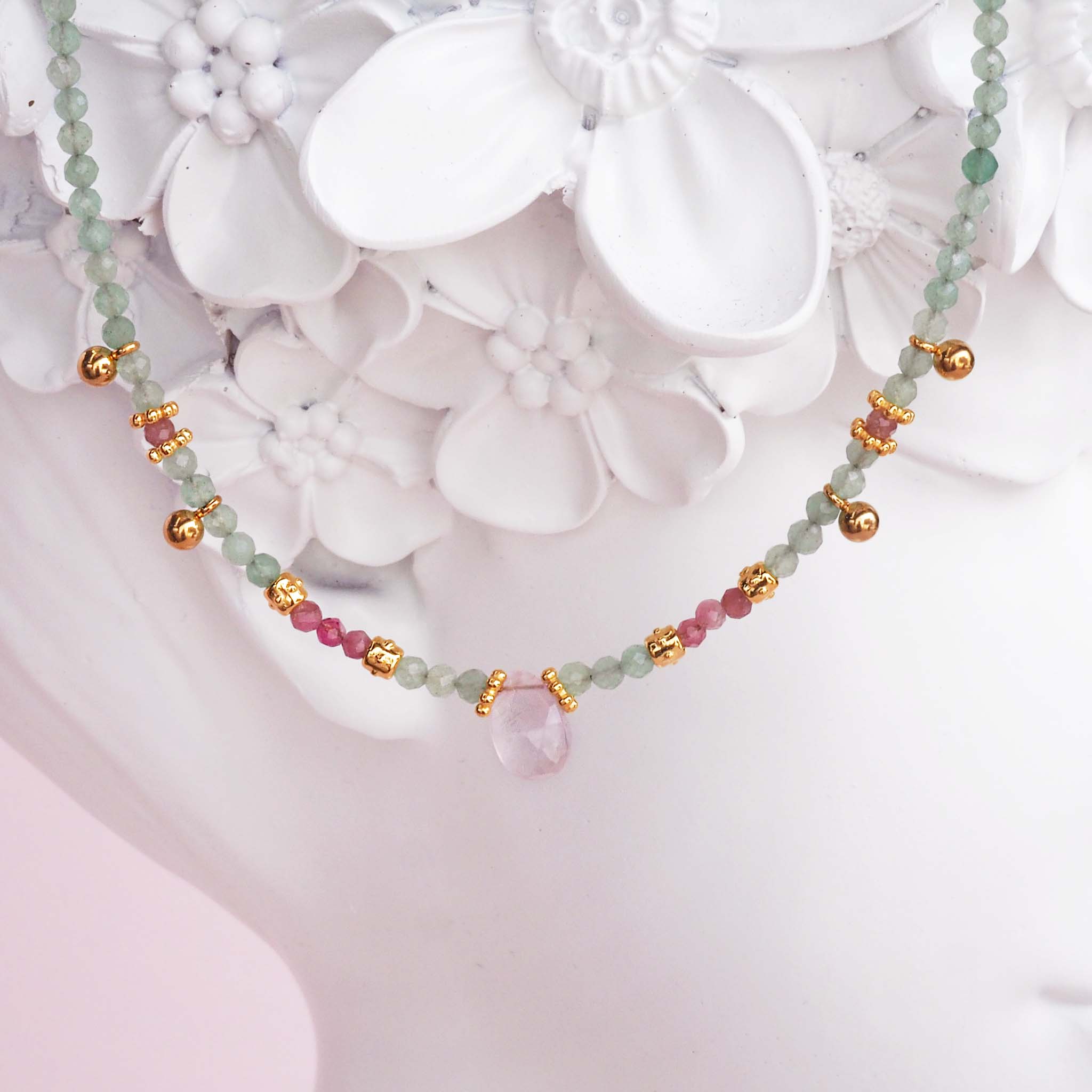 Natural Aventurine, pink topaz and rose quartz necklace by indie and harper Australia 
