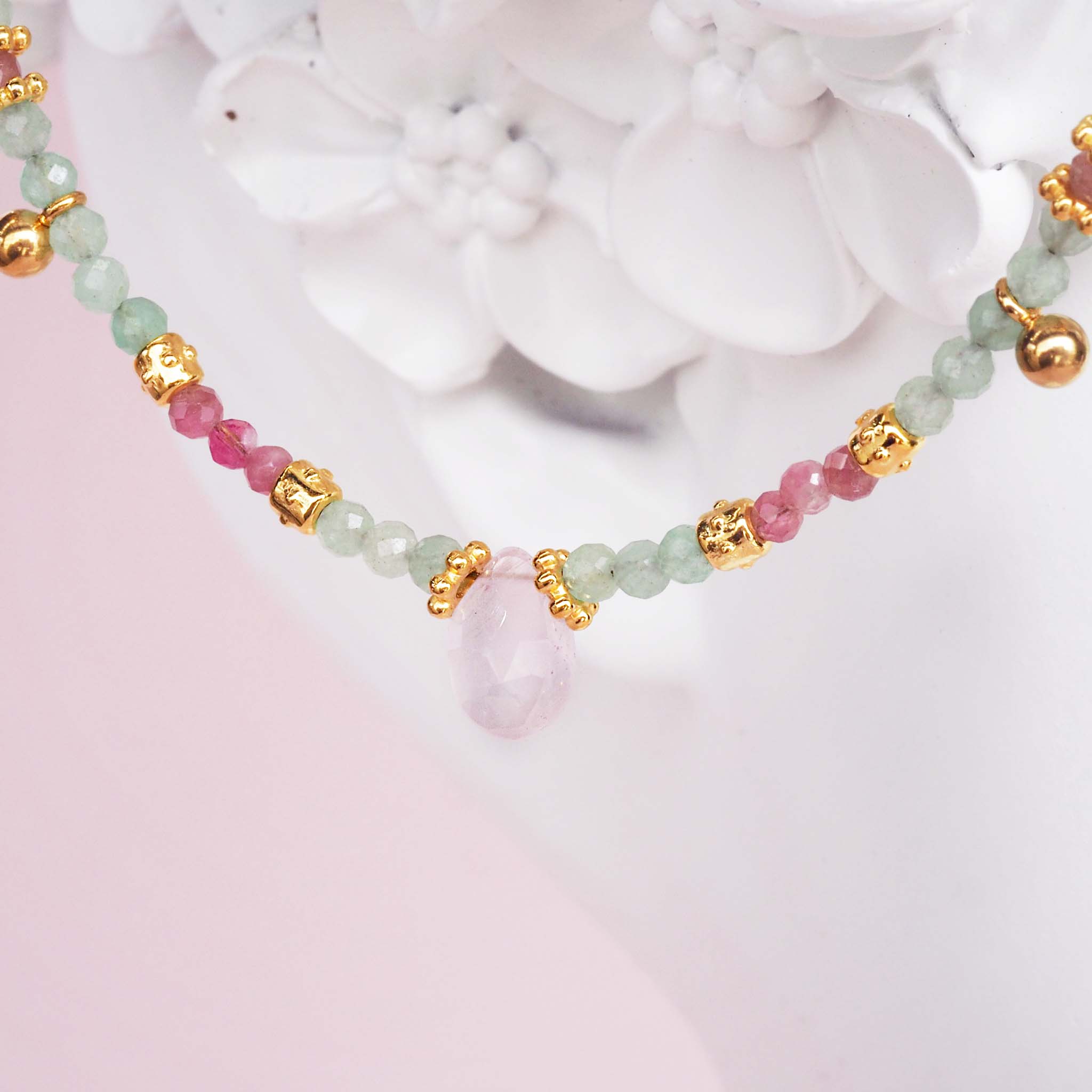 Natural Aventurine, pink topaz and rose quartz necklace by indie and harper Australia 