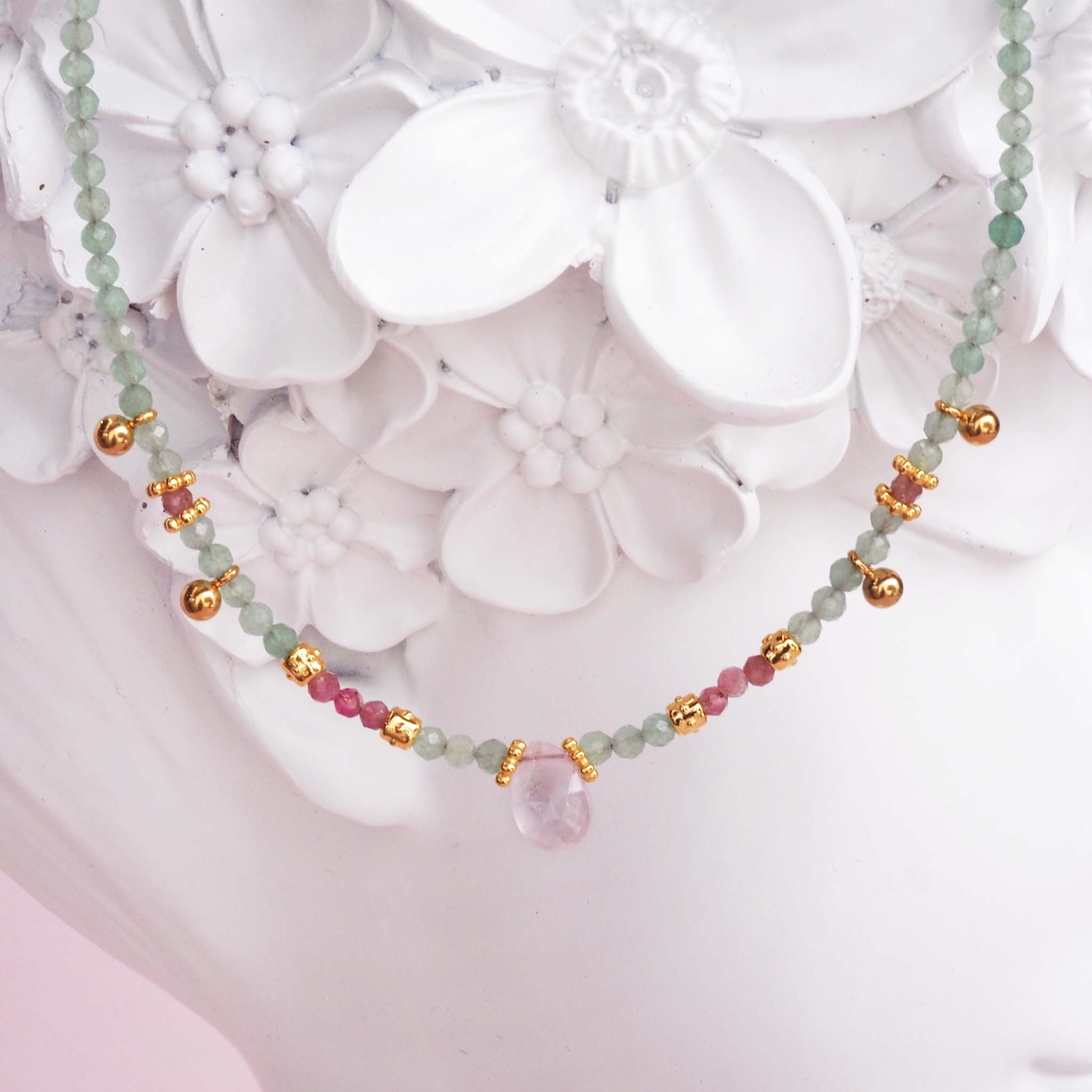 Natural Aventurine, pink topaz and rose quartz necklace by indie and harper Australia 
