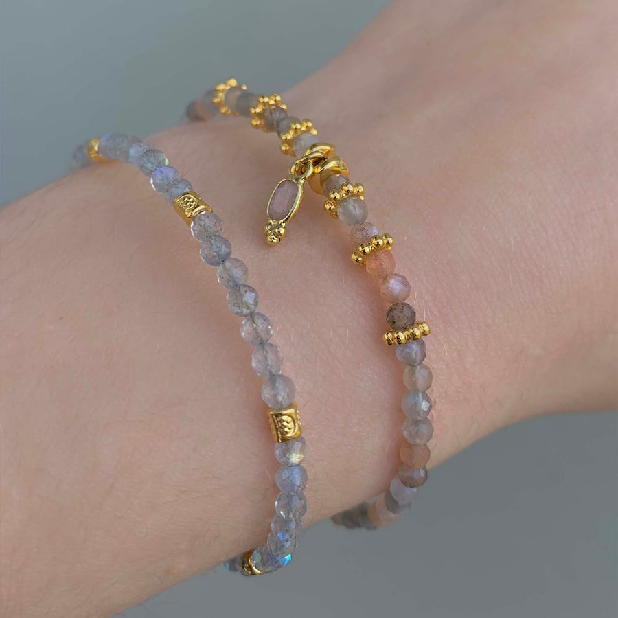 dainty goddess orange moonstone bracelet - dainty stainless steel bracelet with gold charms and natural orange moonstones - women's online jewellery brand indie and harper