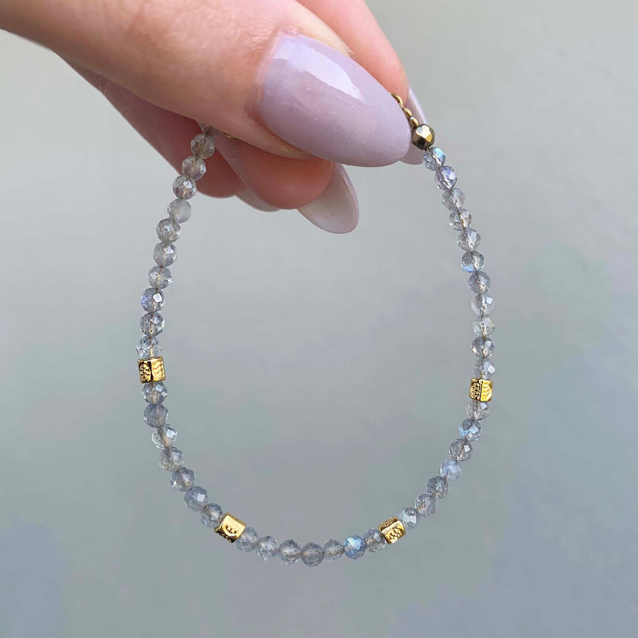 dainty goddess labradorite bracelet - stainless steel bracelet with gold charms and natural labradorite beads - women's online jewellery brand indie and harper