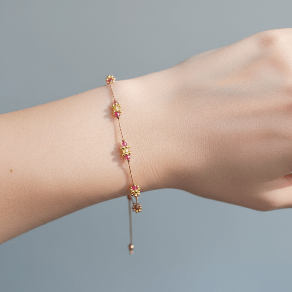 gold dainty goddess rubellite peridot beaded bracelet being worn