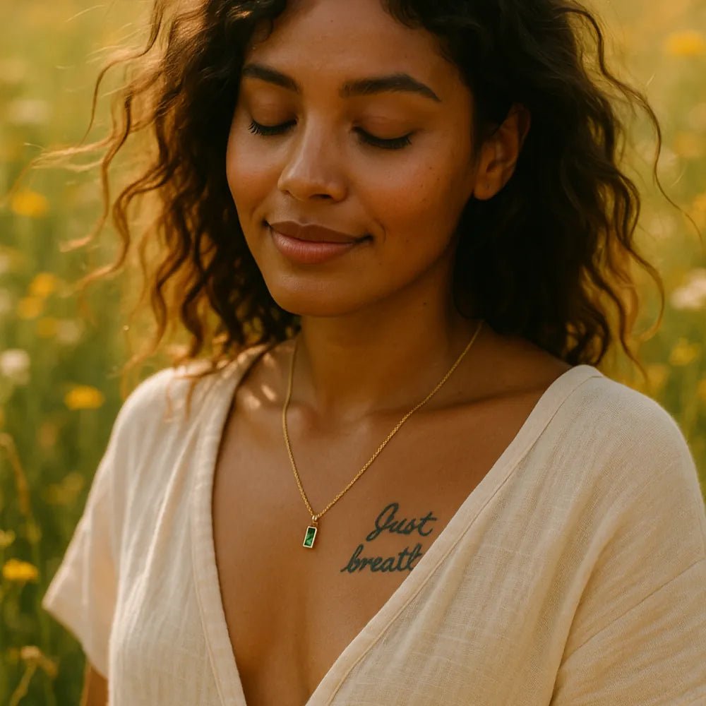 Woman in a field of flowers wearing a Dainty Gold necklace with a faceted green cubic zirconia pendant