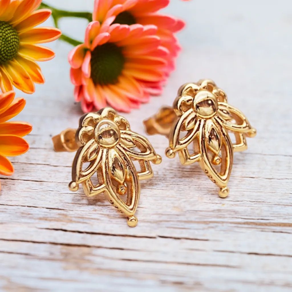 dainty gold lotus flower stud earrings by indie and harper australia