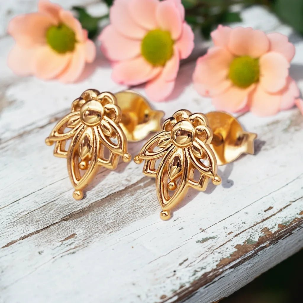 dainty gold lotus flower stud earrings by indie and harper australia