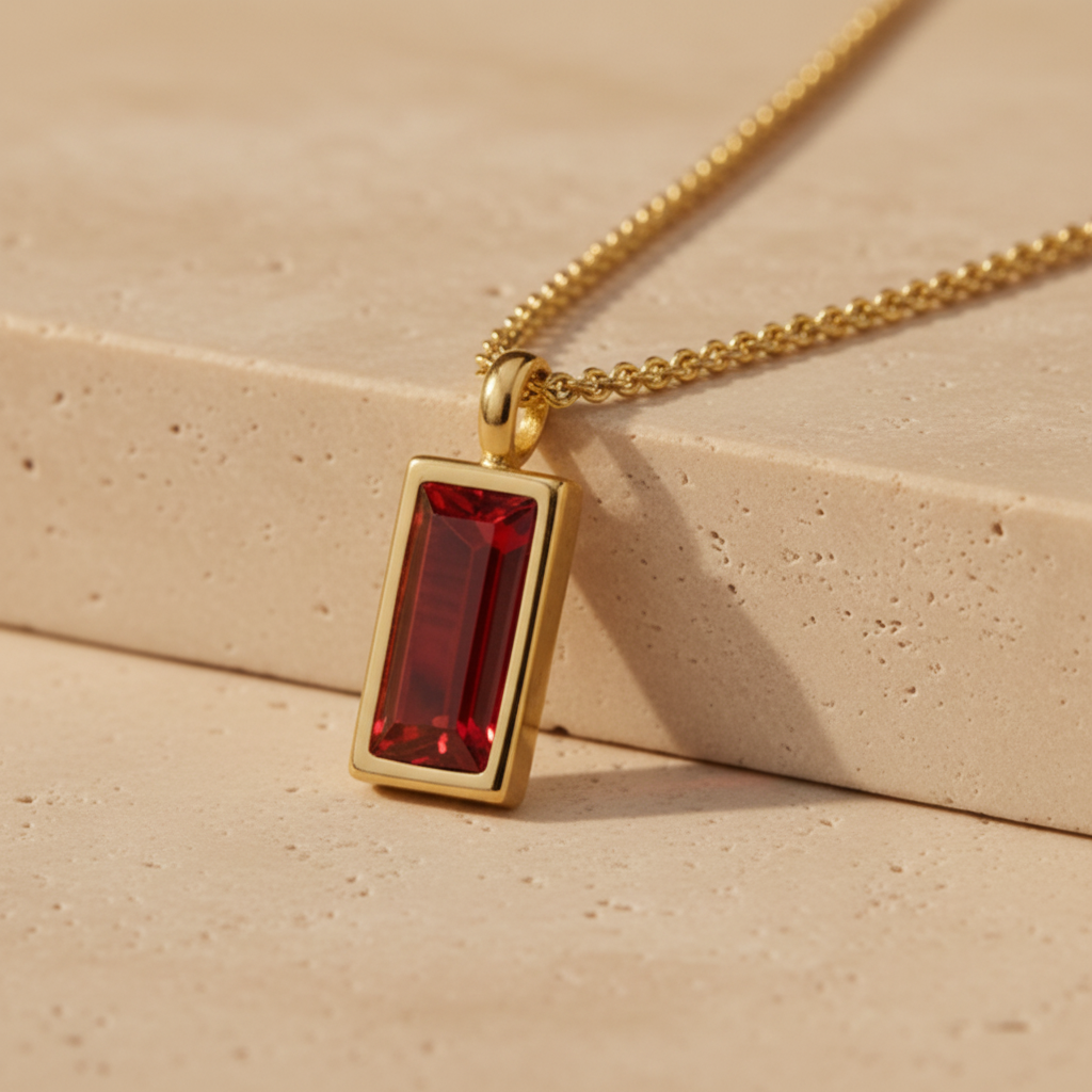Gold necklace with a red gemstone pendant on a natural stone background