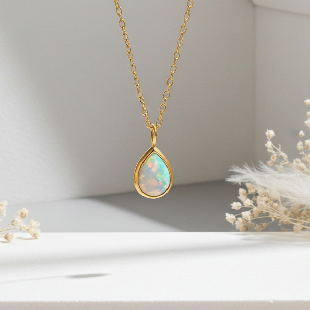 Gold necklace with a teardrop-shaped opal pendant on a white surface with dried flowers.