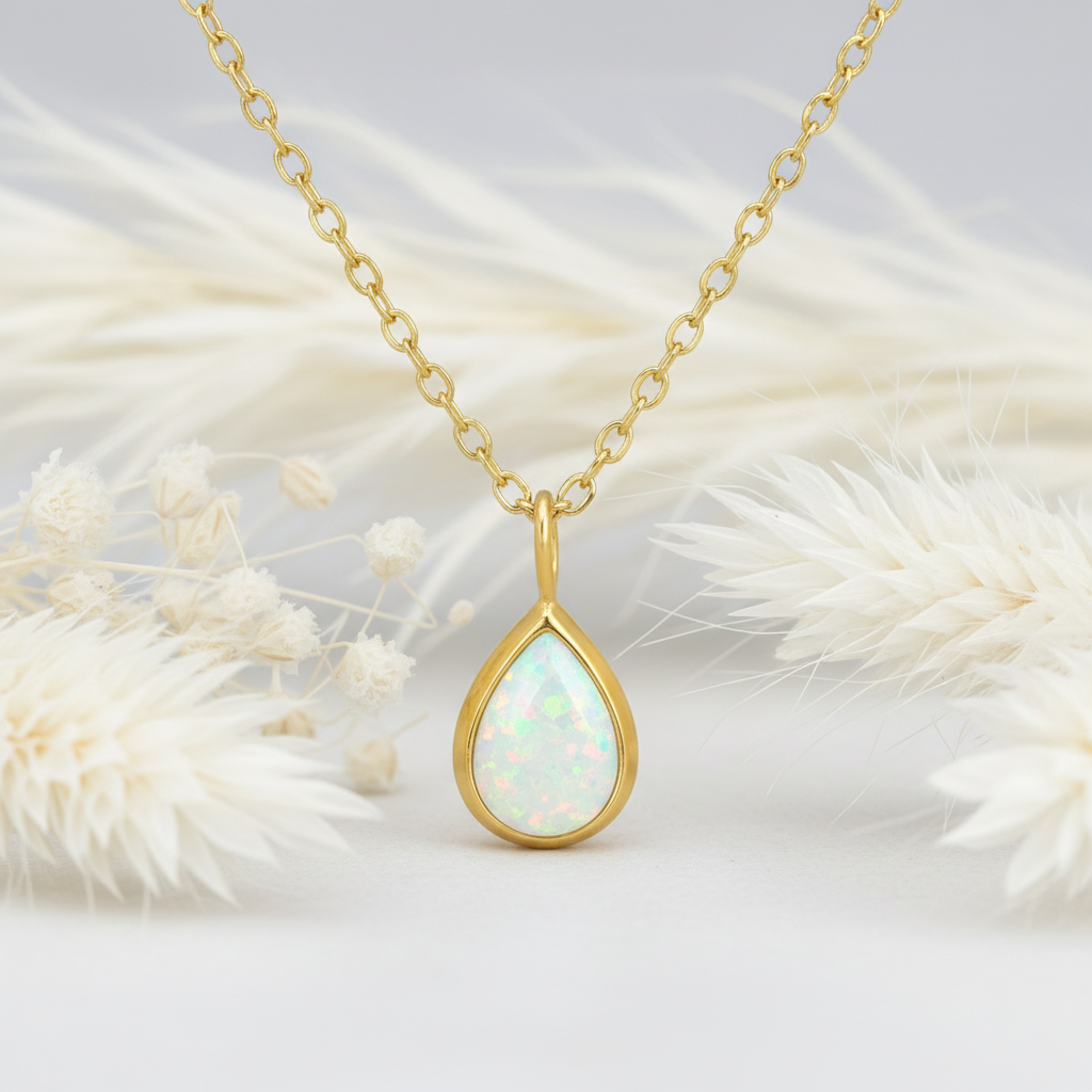 Gold necklace with a teardrop-shaped opal pendant on a white background