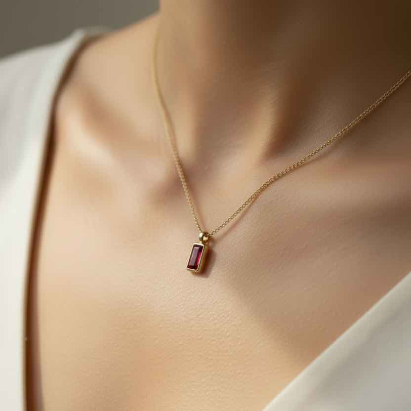 Gold necklace with a red pendant on a neutral background