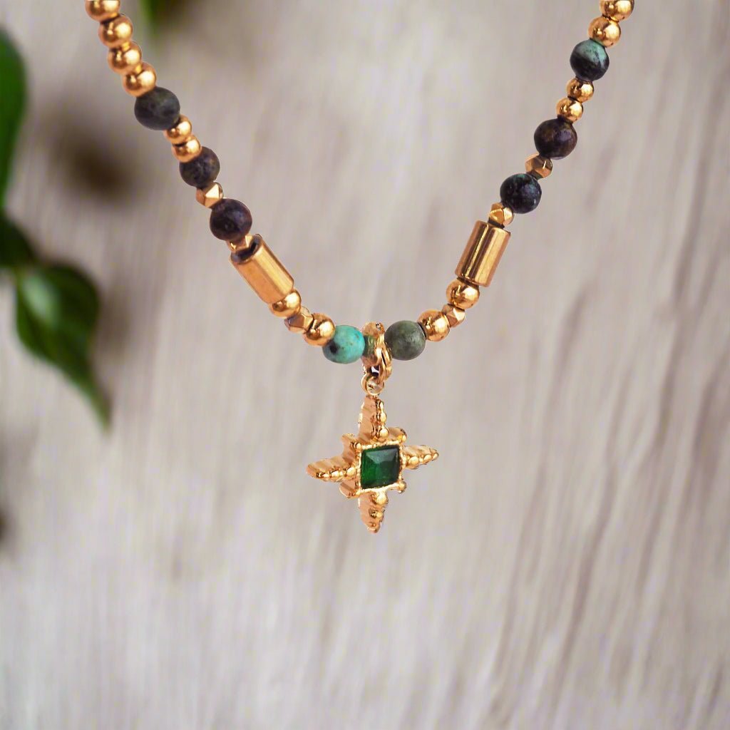 dainty gold turquoise beaded necklace - beaded jewellery by Australian jewellery brands indie and Harper
