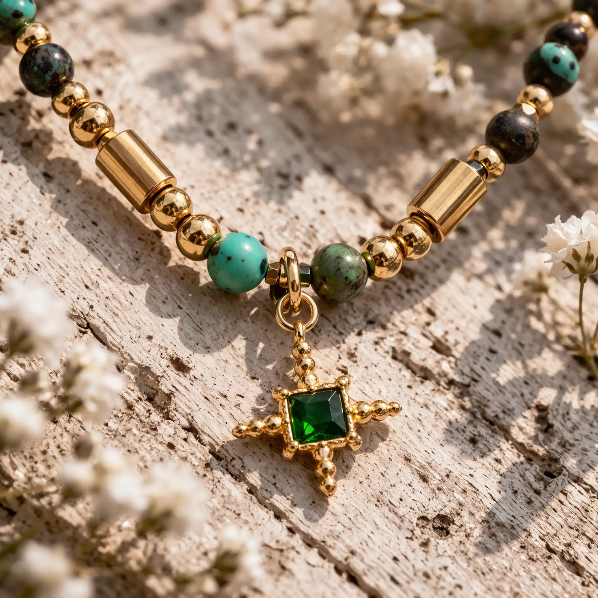necklace with gold and turquoise beads on a textured surface with flowers.