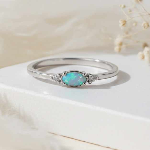dainty sterling silver green opal and CZ ring by indie and harper 