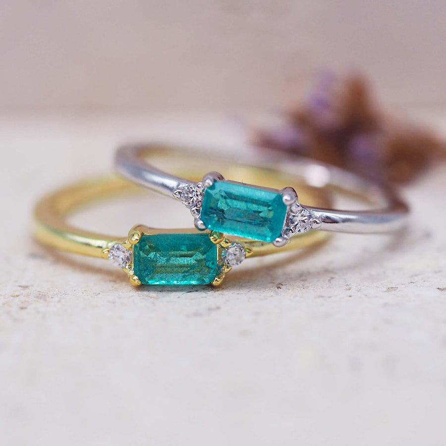 Gold and Sterling Silver Dainty Cubic Zirconia and Green Opal Ring - womens opal jewellery 