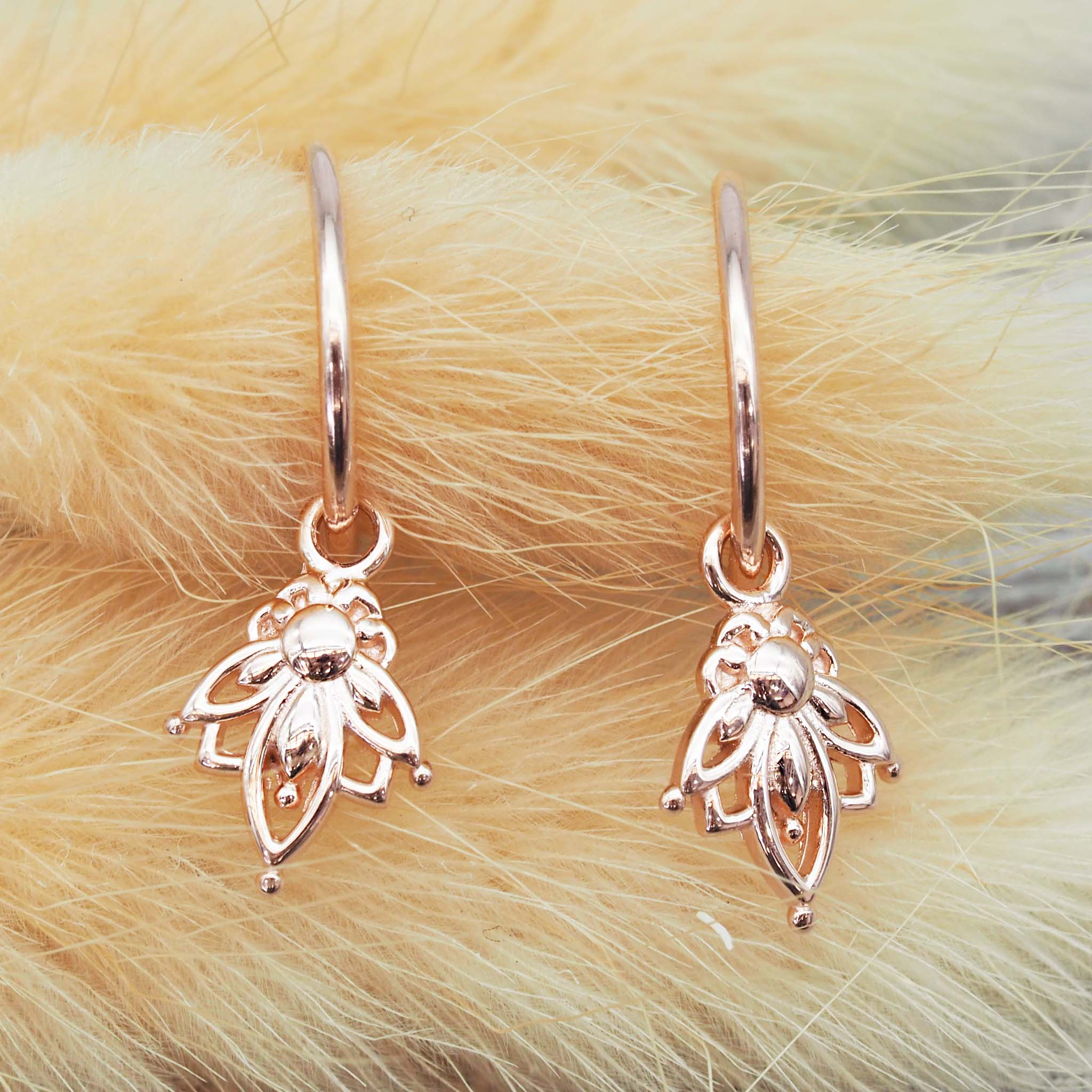 Dainty Rose Gold Earrings with lotus flowers - women's rose gold jewellery by Australian jewellery brands indie and Harper