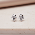 Pair of silver earrings on a beige surface