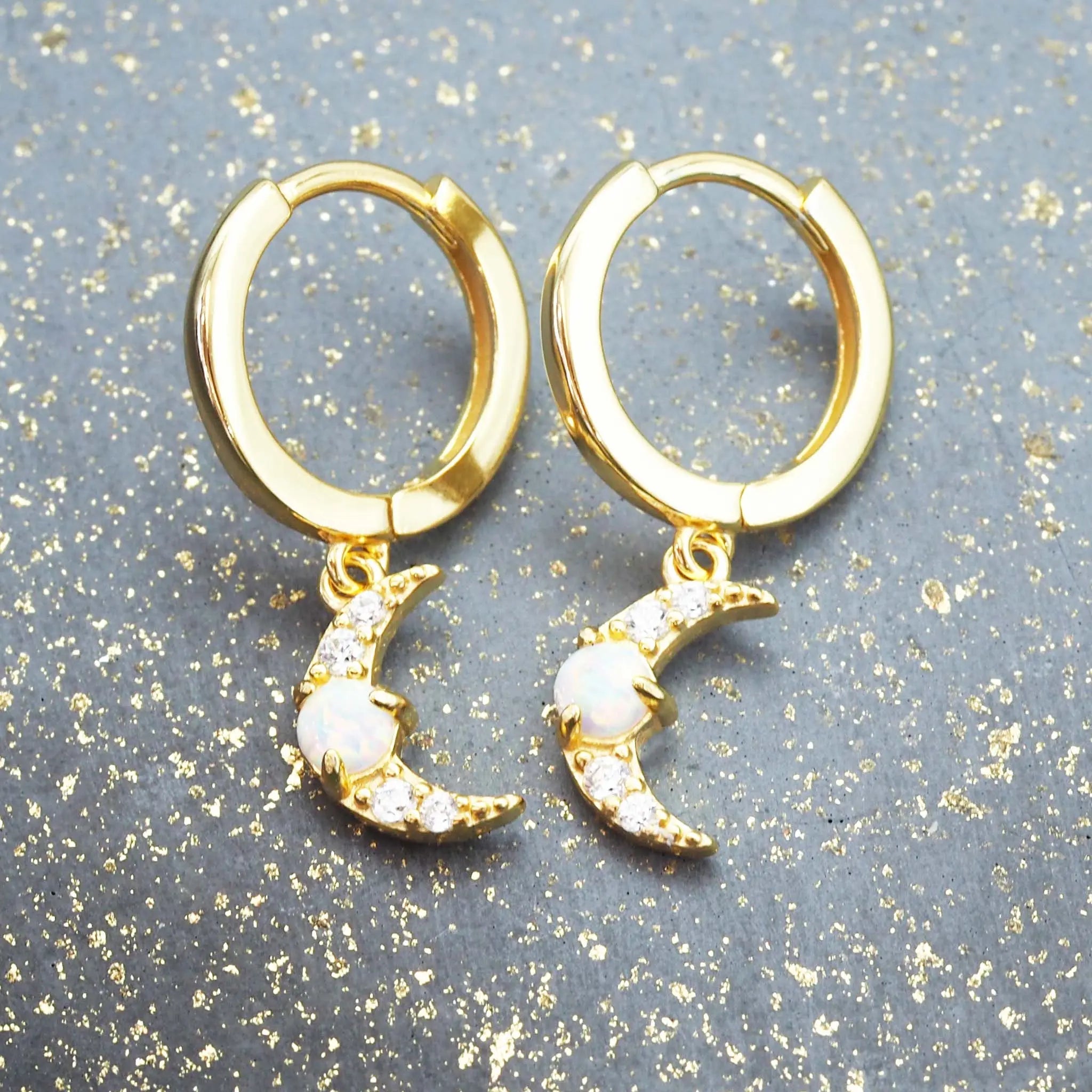 Gold hoop earrings with moon shape and opals - women’s jewellery by Australian jewellery brands indie and Harper