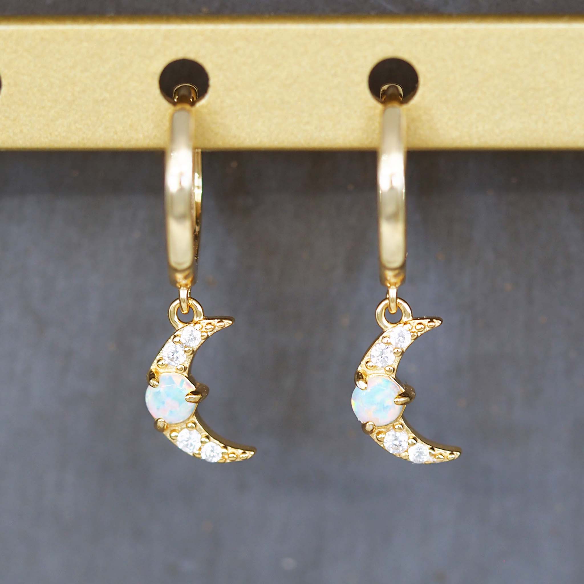 Gold hoop earrings with moon shape and opals - women’s jewellery by Australian jewellery brands indie and Harper