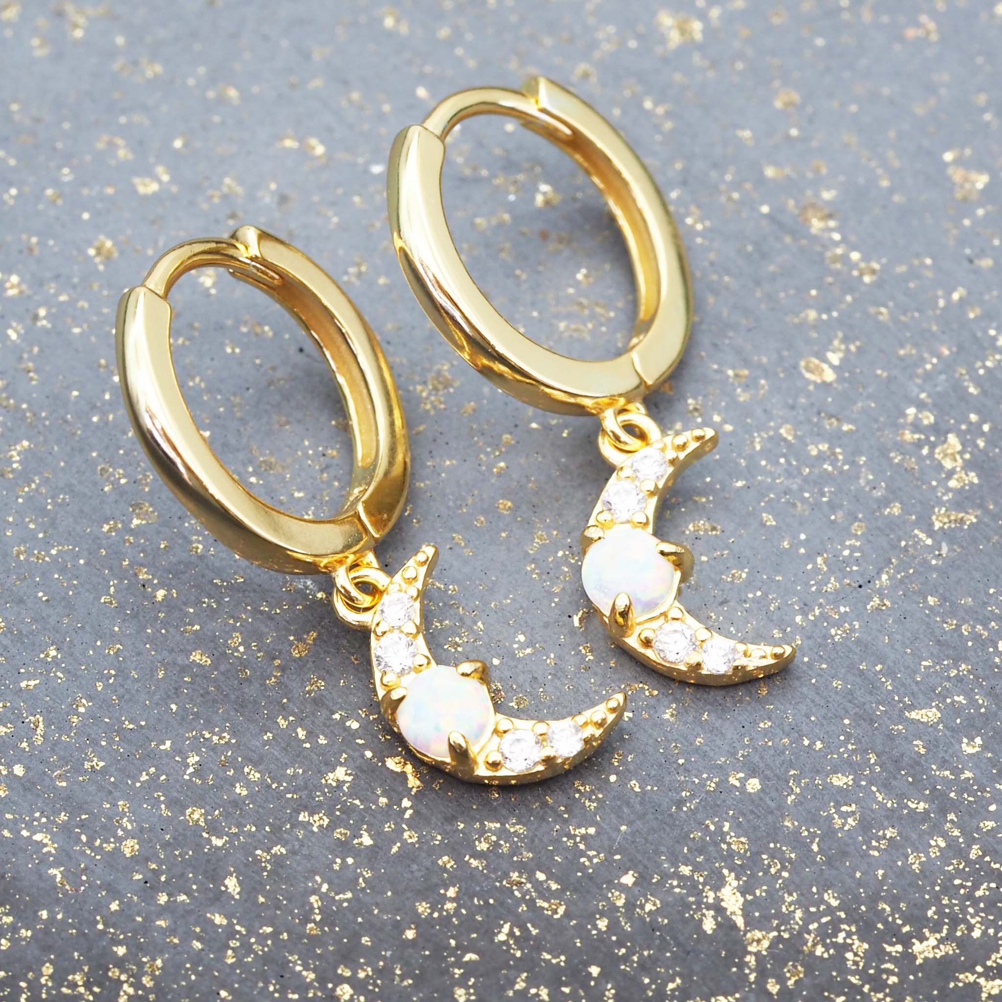 Gold hoop earrings with moon shape and opals - women’s jewellery by Australian jewellery brands indie and Harper