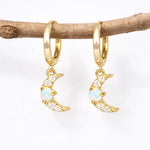 Gold hoop earrings with moon designs hanging on a branch against a white background