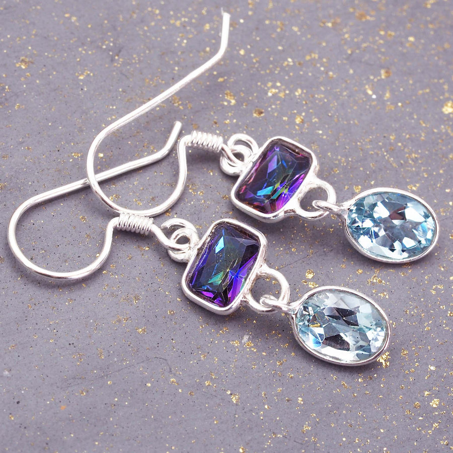 dainty mystic topaz earrings - classic french hook design made with sterling silver, mystic quartz and blue topaz. Shop jewellery for women online with indie and harper